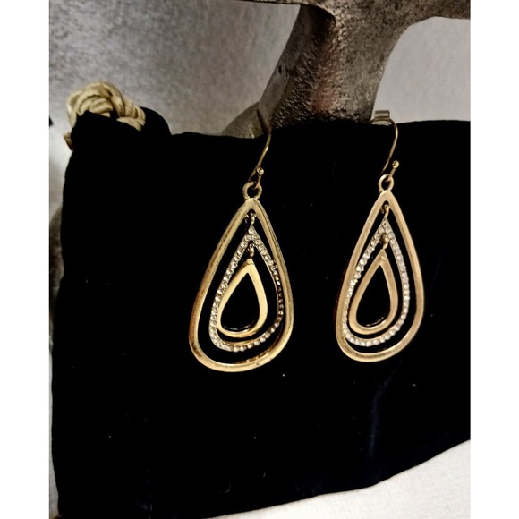 Vintage Gold Concentric Simulated Diamonds Teardrop Earrings 1.5 inch Pierced - Picture 2 of 9